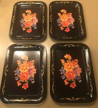 4 Small Vintage Metal Tin Trays.  Floral Design.  6 3/4 " X 4 3/4 "