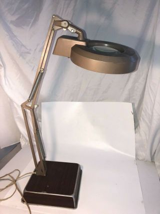 Vintage Industrial Magnifier Lamp & Light Fluorescent Swing Arm W/ Heavy Stand