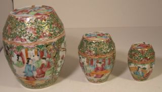 Set Of 3 Chinese Canton Famille Rose Hand Painted Graduated Lidded Jars