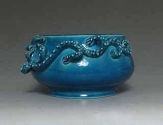 Antique Chinese Blue Glaze Porcelain Brush Washer Qianlong Marked W/ Dragon
