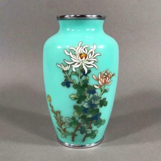 Signed Japanese Cloisonne Vase With Chrysanthemums On Green Ground,