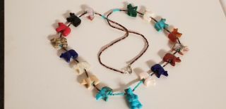 Vintage Native American Fetish Heishi Multi Stone /turquoise Bear Necklace