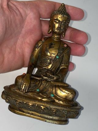 Very Rare Chinese Gilded Bronze Buddha With Turquoise & Red Coral Marks To Rear