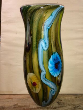 Vintage Large 14 7/8 Inch Tall Multi Color Murano Style Art Glass Vase Ex Cond