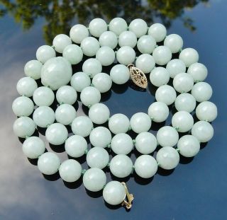 Chinese Pale Green Jadeite Jade Bead Necklace 14k Gold Clasp 23 " Long