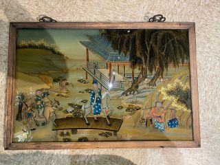 Large Chinese Antique Reverse Painting On Glass Eglomise Panel -