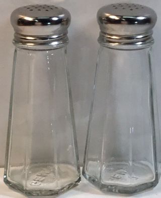 Vintage Gemco Glass Salt & Pepper Shakers Octagon Shaped Ss Lids 4 1/4” X 2” Vg