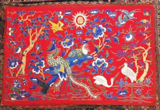 Antique Qing Chinese Silk Embroidery Goldwork Fenghuang & Cranes 84cm X 55cm