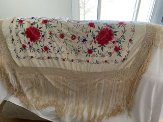 Vintage Ivory Silk Embroidered Piano Shawl 3