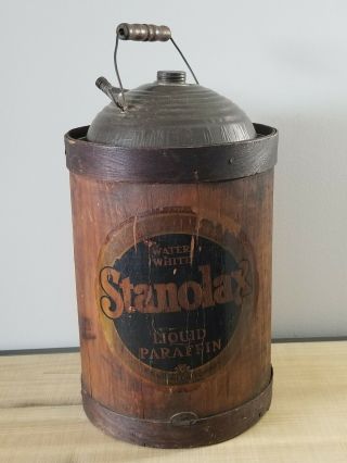 Vintage Standard Oil Co.  Stanolax Liquid Paraffin 5 Gallon Can In Wood Barrel