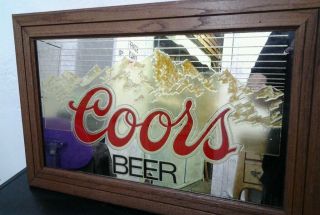 Vintage Coors Beer Bar Mirror - In Wooden Frame