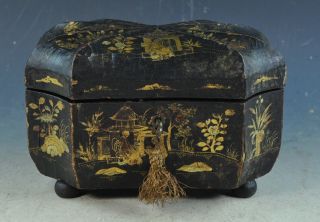 Antiqu Chinese Tea Caddy Black Lacquer & Gold With Key