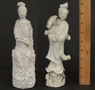 2 Antique Early 20thc Chinese Blanc De Chine Porcelain Figurines Guanyin Lotus