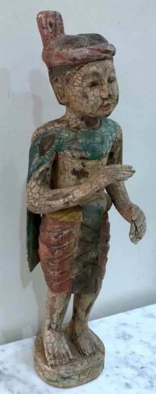 Antique 25 " Tall Thailand Painted Wood Statue Of A Buddhist Male Figure