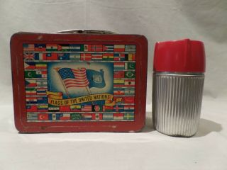 Vintage 1954 Rare " Flag - O - Rama " Metal Lunch Box And Thermos By Universal
