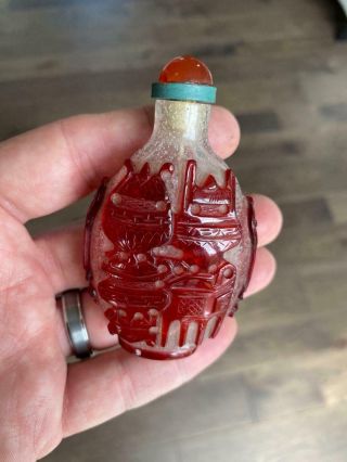 Antique Chinese Glass Snuff Bottle Red Overlay With Precious Objects Qing