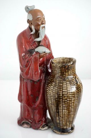 Large Antique Chinese Shiwan Bearded Mudman Figure - Fisherman & Basket - C.  1900