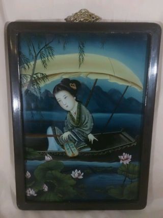 Antique Chinese Reverse Glass Painting,  Painting On Glass Kwan Yin Wood Frame