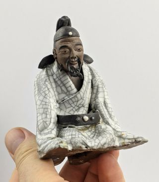 Chinese Antique Shiwan Figure Of A Kneeling Man,  Crackle Glaze Signed Pottery