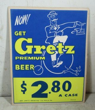 Vintage/antique Cardboard Gretz Premium Beer Sign Philadelphia Pa