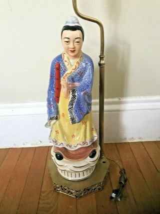 Lg Vtg Chinese Porcelain Man Statue 18.  5 " Figurine Figure Lamp 36 " Brass Base