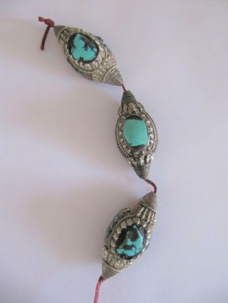 3 Antique 19th Century Tibetan Silver & Turquoise Stones Hair Beads Pendants