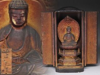 Old Japanese Japan,  Buddhism Wooden Buddha Statue Syaka & Zushi Box 24.  5cm　千