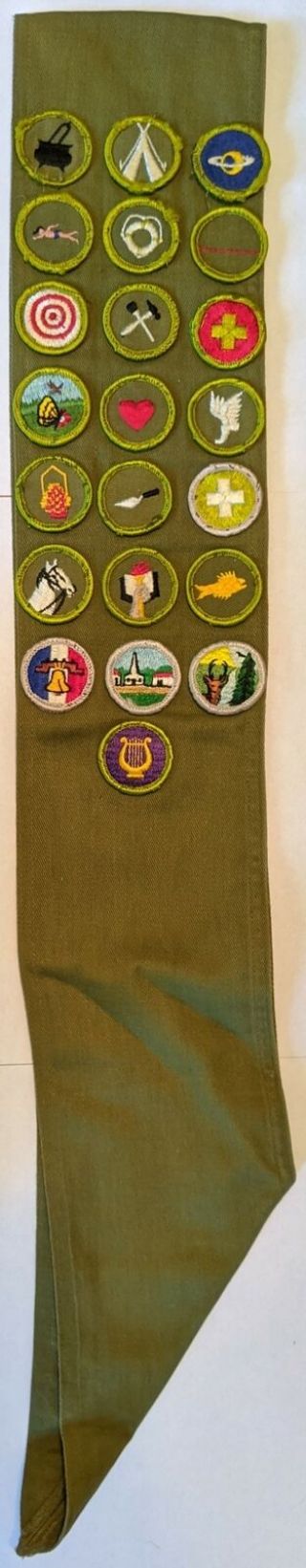 1961 - 1968 Type F Khaki Rolled Edge Merit Badge Sash Qt22 Boy Scouts Of America