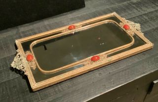 Rare Vintage Vanity Mirror Tray With 4 Large Carnelian Stones
