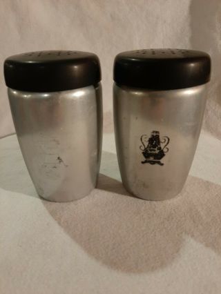 Vintage West Bend Aluminum Salt & Pepper Shakers Black Lids 4 "