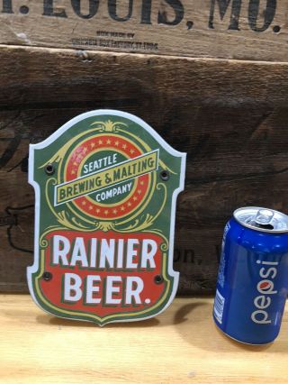 Rainier Beer Sign Porcelain Advertising Vintage Patina Gas Oil Soda