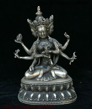 6 " Tibet Buddhism Silver 3 Head 8 Arms Namgyalma & Ushnishavijaya Buddha Statue