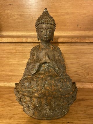 Chinese Bronze Praying Buddha Seated On Lotus Throne Impressed 6 Character Marks