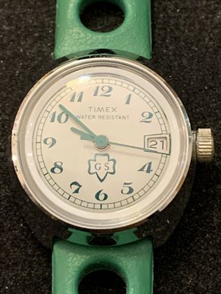 Vintage Girl Scouts Timex Watch With Green Rubber Strap 1960s