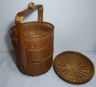 Vintage 3 - Tier Chinese Asian Wedding Basket Woven Wicker Rattan Bamboo/cane