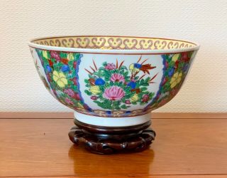 Large Vintage Chinese Canton Famille Rose Punch Bowl With Stand 12 Ins Diameter