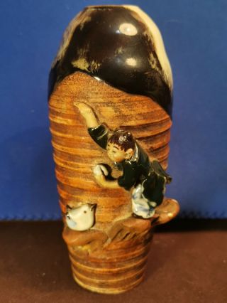 Antique Japanese Sumida Gawa Studio Pottery Figural Flambe Vase Boy And Bird