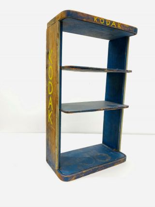 Vintage Kodak Wooden Display Shelf.  Blue With Yellow Type.  Great Patina