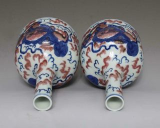 Pair Antique Chinese Blue & White Porcelain Vases w/Lions 3
