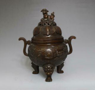 Qianlong Signed Old Chinese Bronze Incense Burner W/kylin