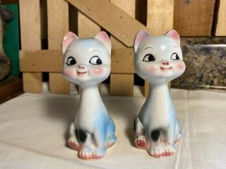 Vintage Blue Tinted Cat Salt And Pepper Shakers