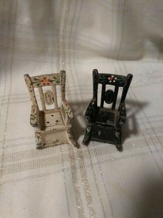 Vintage Cast Iron Metal Rocking Chair Salt & Pepper Shakers Cork Stoppers