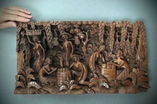 Vintage Balinese Hand - Carved Wood Panel.  Village Life Under Tropical Tree Canopy