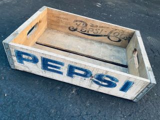 Vintage 1981 Rare White & Blue Script Pepsi Cola Wood Soda Crate Charleston Sc