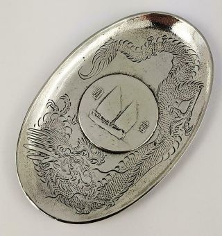 Chinese Solid Silver Junk Boat Coin Dish Engraved Dragon C1930 