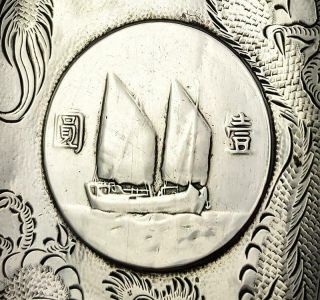 CHINESE SOLID SILVER JUNK BOAT COIN DISH ENGRAVED DRAGON c1930 ' s 2