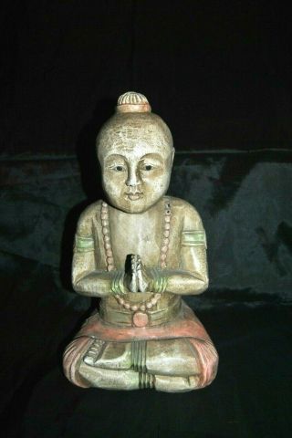 Rare Vintage Hand Carved & Painted Solid Wood Buddha Statue 13.  5 " H