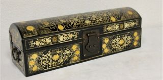 Antique Chinese Black & Gold Lacquer & Leather Scroll Box 22 " (55.  8 Cm)