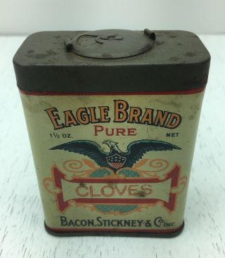 Vintage Bacon Stickney Co Cloves 1.  5oz Spice Tin Eagle Brand Millers Albany Ny