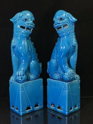 Pair Antique Chinese Republic Period Porcelain Turquoise Foo Dogs Lions 12 - 3/4”